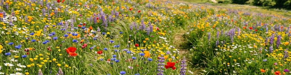 Wildflower meadow with colorful flowers and a walking path under a partly cloudy sky